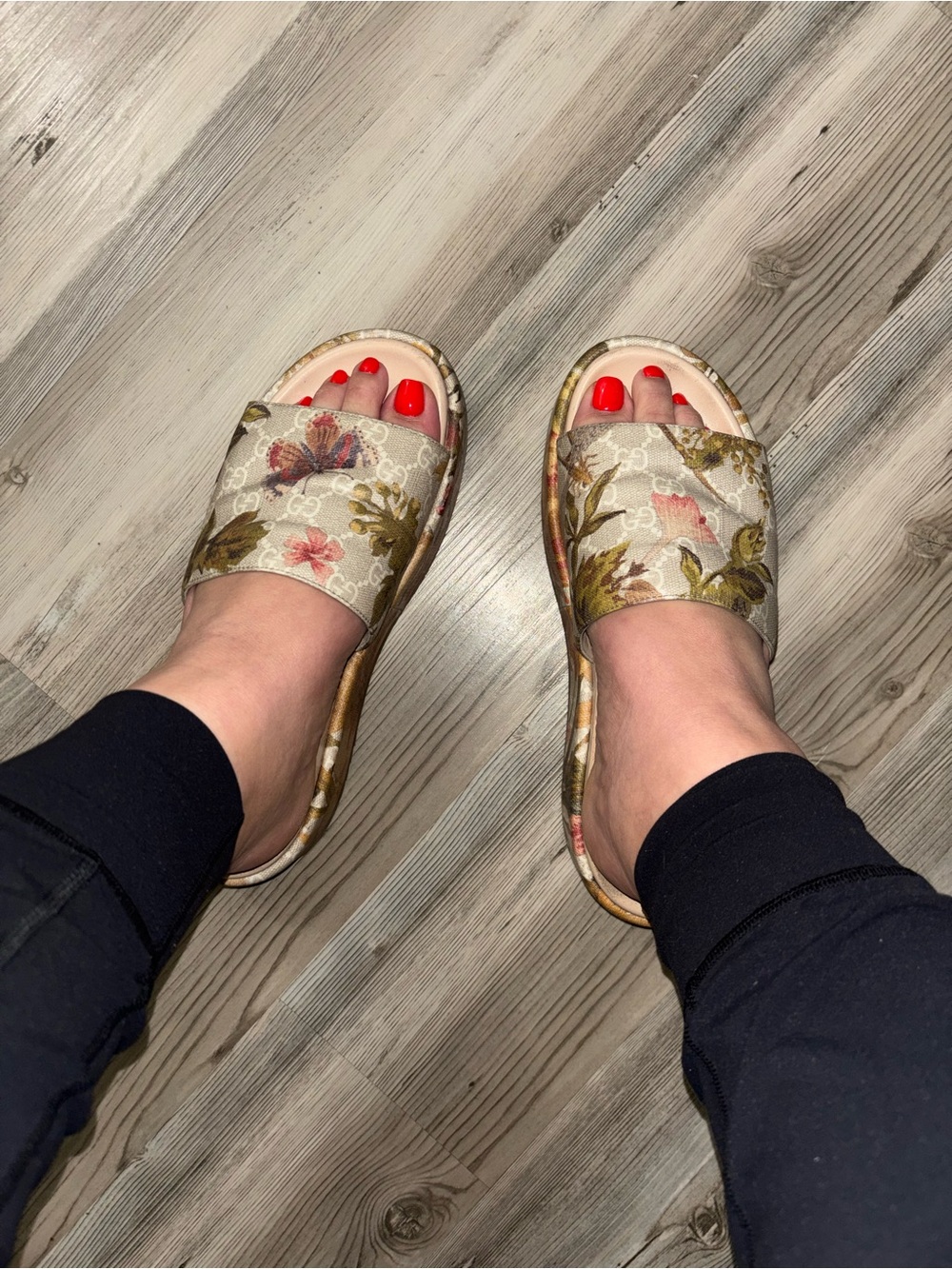 Gucci Floral Canvas Slide Sandals - Beige with Green & Pink Accents